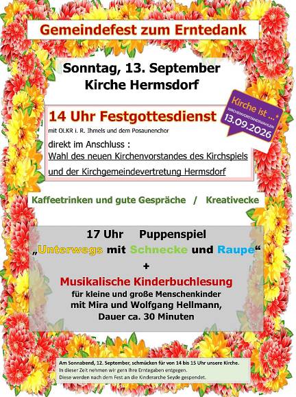 Kirche Hermsdorf Einladung zum Gemeindefest zum Erntedank am 13. September 2026
